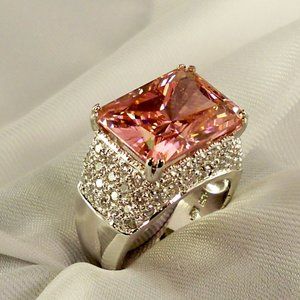 New Pink Radiant Cut Cubic Zirconias Silver DESIGNER Ring